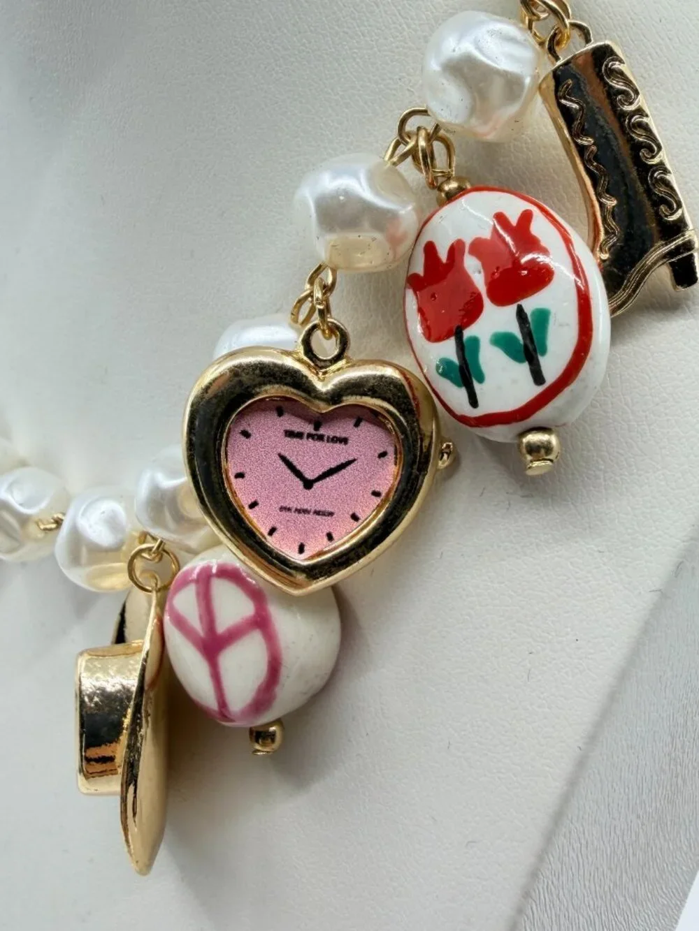 Vintage Gold Tone Faux Pearl Charm Necklace Cowgirl Heart Watch Pendant Quirky